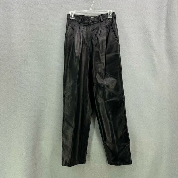 Vintage Vakko Womens Black Leather Straight Leg High Waisted Pants Size 8 - Picture 1 of 13